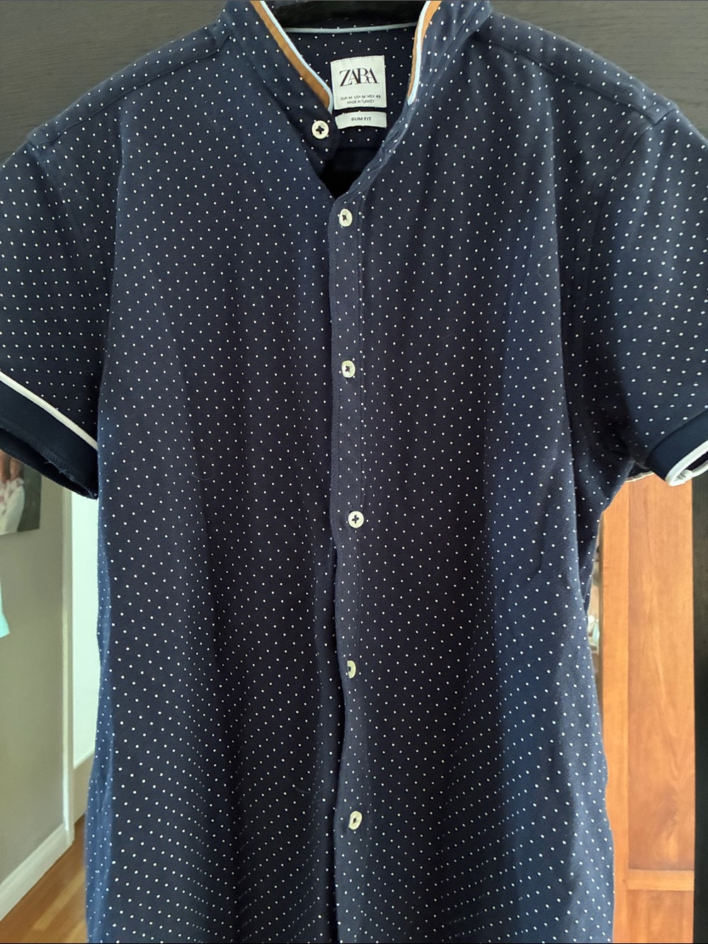 Zara Navy Short-Sleeve Button-Down slim fit  with White Microdots, Sz: M
